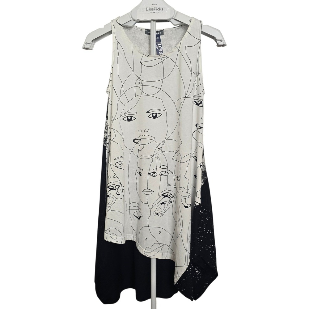 Alembika Muse Asymmetrical Midi Dress 0/US 4 Sleeveless Black‎ White NWT Women's